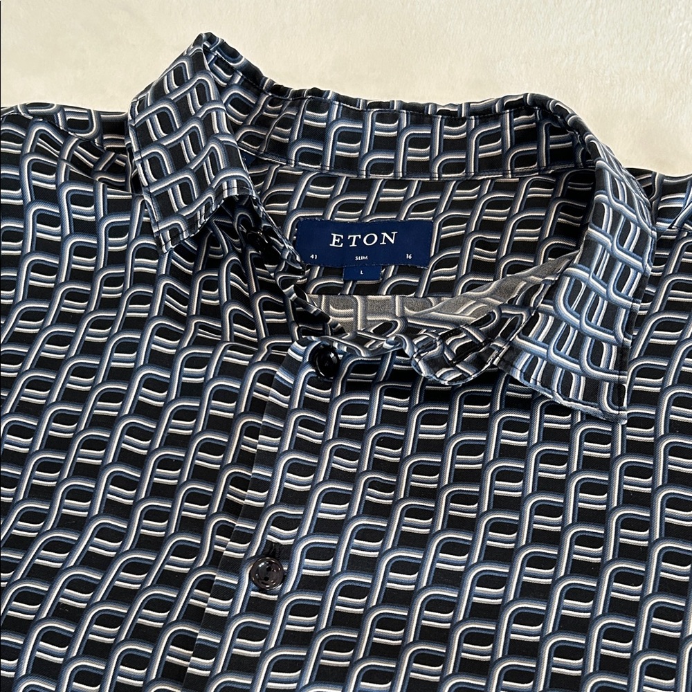 ETON Men's Blue and Black 100% Silk Geometric Shirt. Size L  41/16 Slim